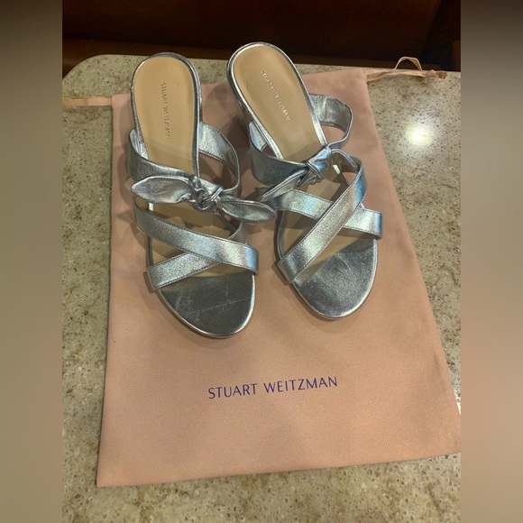 NWOT Stuart Weitzman Bandeau Block Silver Leather Slide Sandal Size 7.5 - Picture 2 of 6